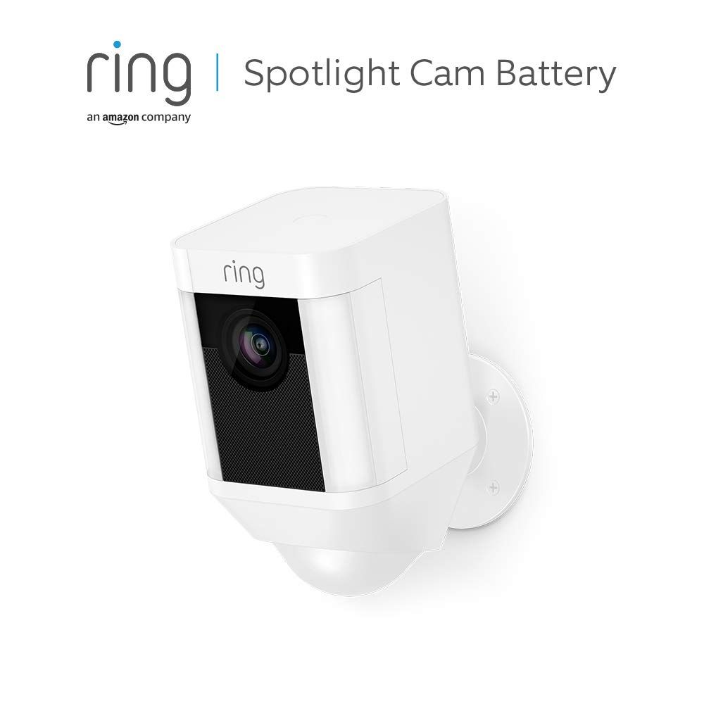 Los mejores dispositivos inteligentes compatibles  Google home para comprar en 2023. Ring Spotlight Cam Battery Cámara de seguridad HD con foco LED, alarma, comunicación bidirecciona