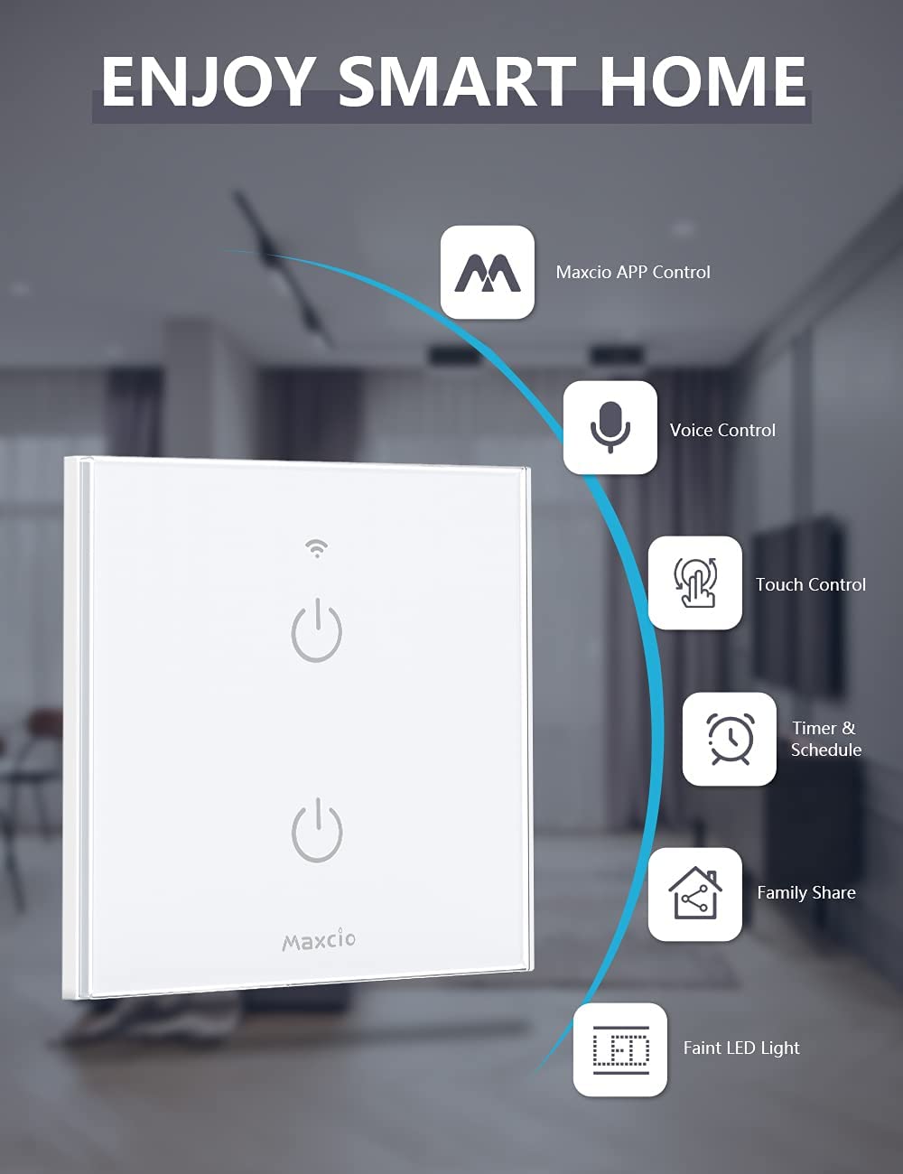 Mejor Interruptor Empotrado Inteligente,  Maxcio  WiFi, para dos puntos de luz, Compatible con Alexa, Google Home